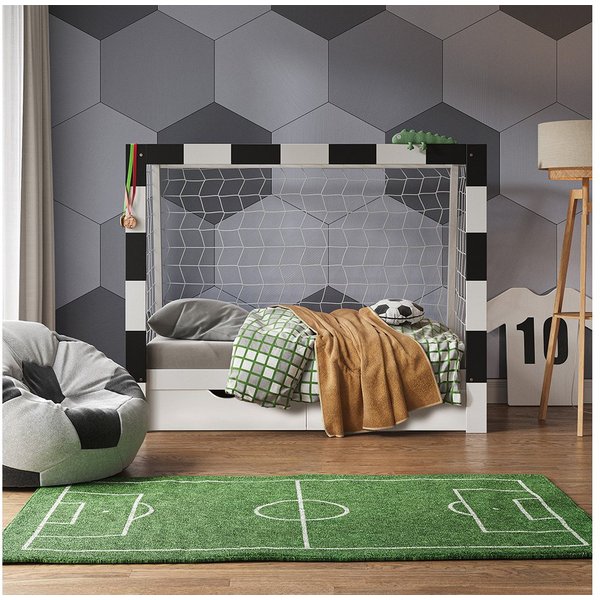 VitaliSpa® Kinderbett Fußballtor, Weiß/Schwarz, 178 x 142.5 cm mit Schublade und Matratze (2-tlg)