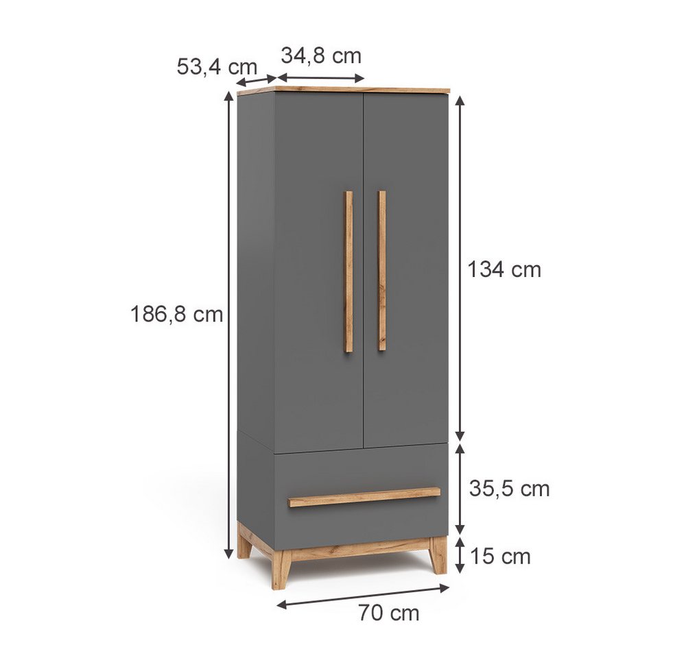 VitaliSpa® Kleiderschrank Malia, Grau/Artisan/Artisan, 70 x 186.8 cm (1-St) – Bild 2 von 5