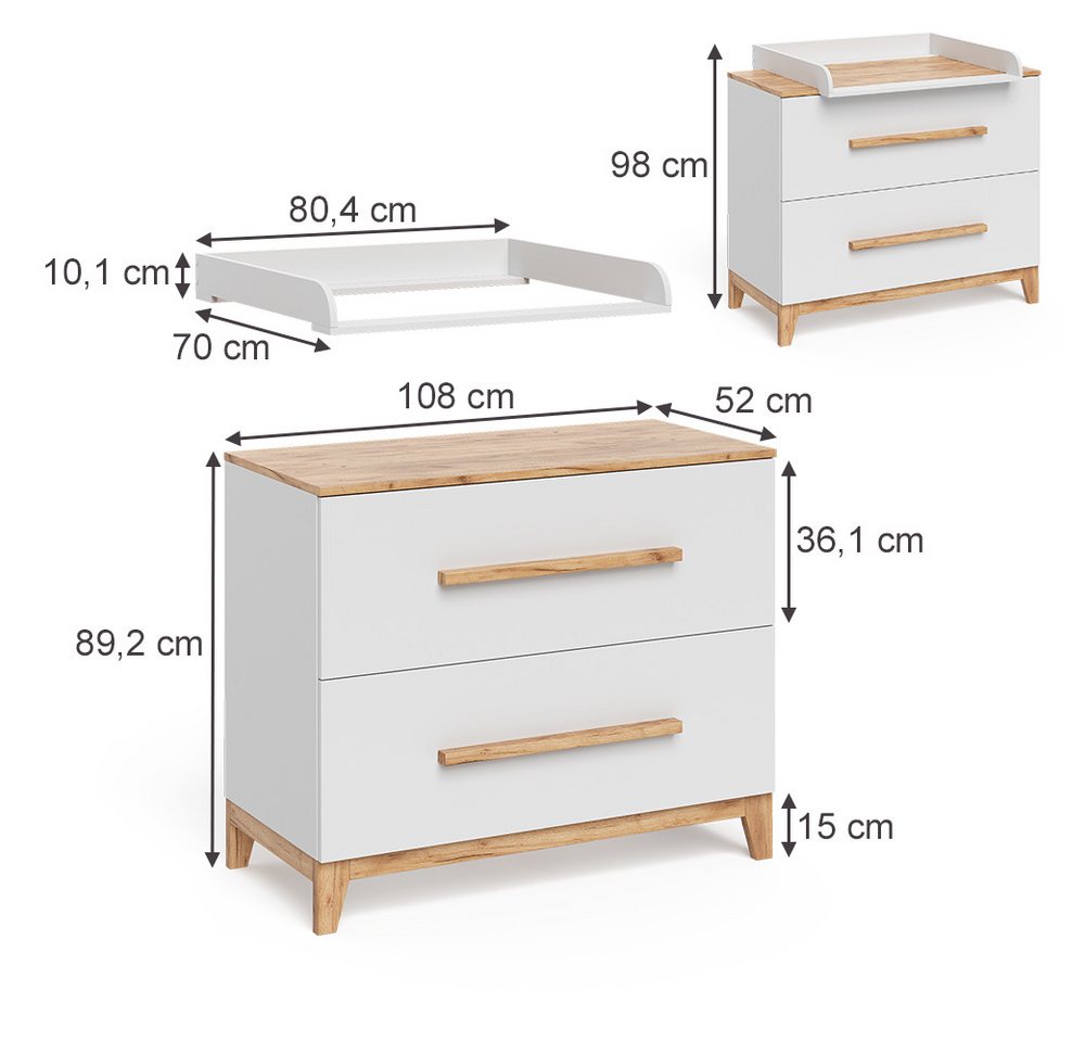 VitaliSpa® Wickelkommode Malia, Weiß/Artisan/Artisan, 108 x 98 cm mit 2 Schubladen – Bild 2 von 5