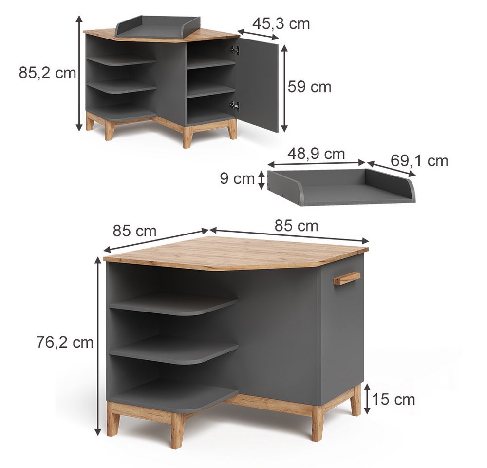 VitaliSpa® Wickelkommode Malia, Grau/Artisan/Artisan, 85 x 85.2 cm mit Tür – Bild 2 von 5