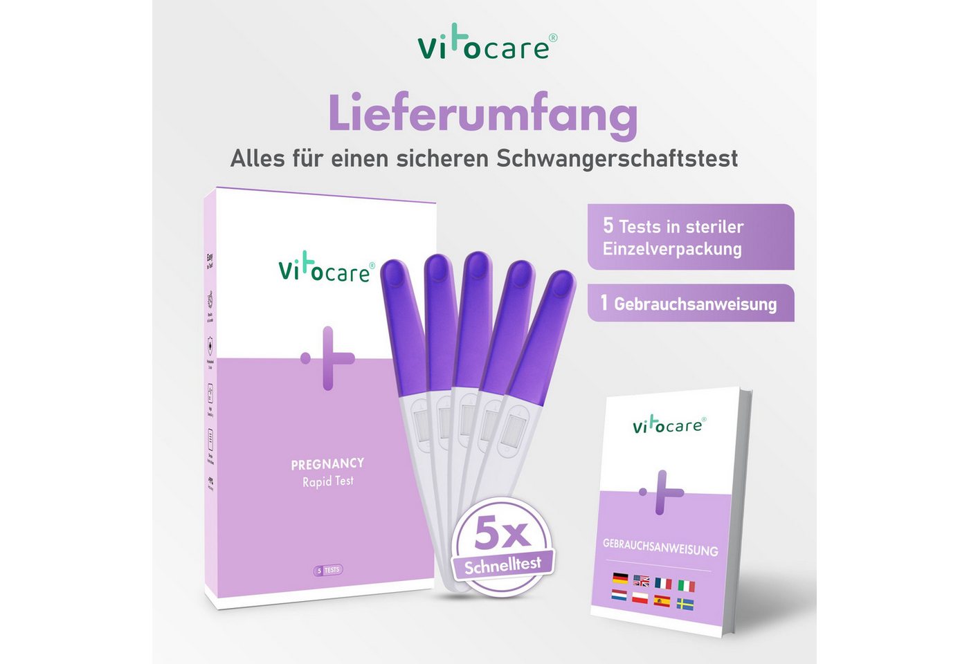 Vitocare Schwangerschaftstest Schwangerschaftstest Frühtest hCG, 5er f. Zuhause, 5-tlg., Ergebnis in nur 3 min. – Bild 2 von 5