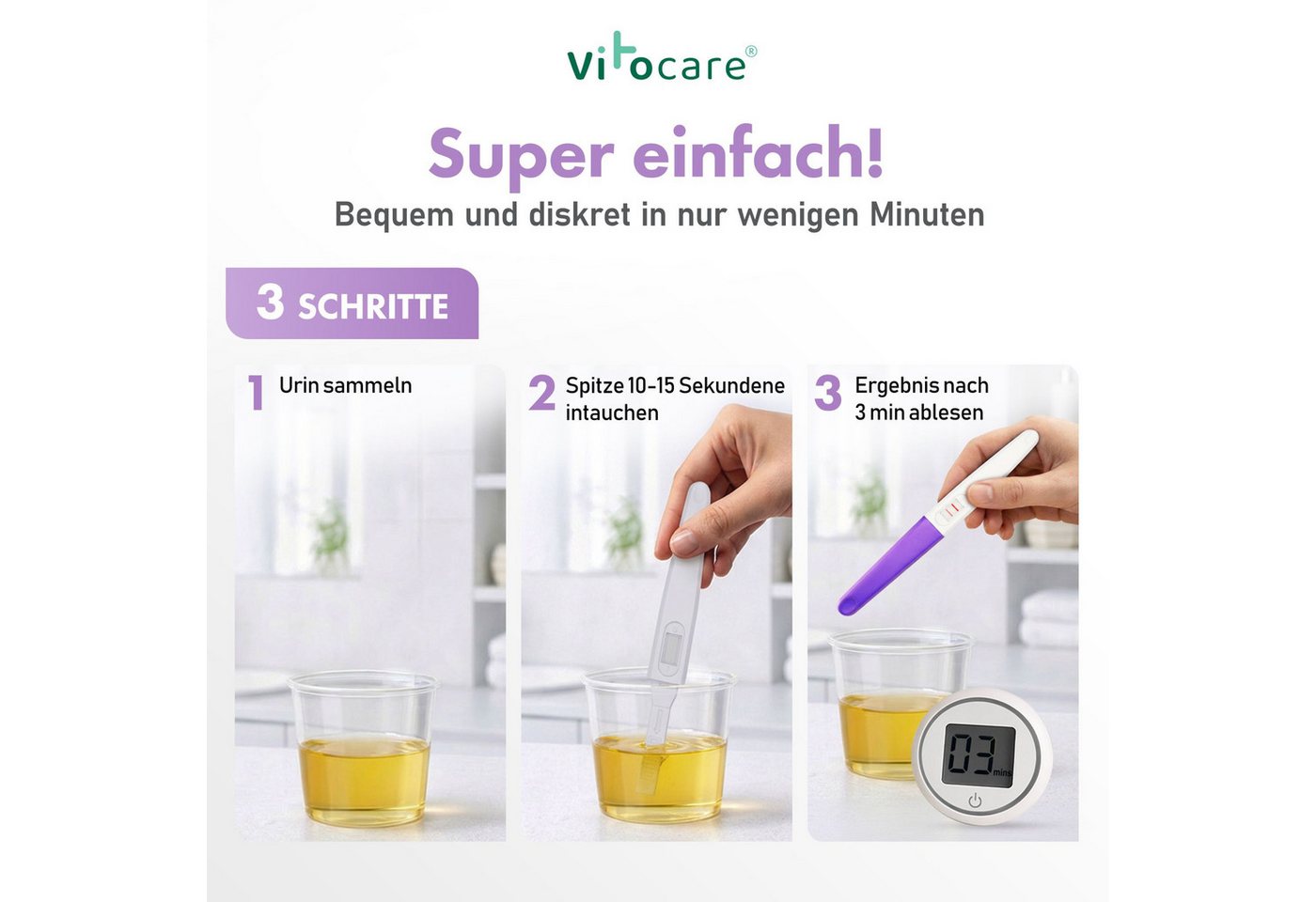 Vitocare Schwangerschaftstest Schwangerschaftstest Frühtest hCG, 5er f. Zuhause, 5-tlg., Ergebnis in nur 3 min. – Bild 3 von 5