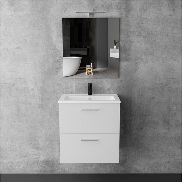 Vitra Badmöbel-Set mit Waschbecken und LED Badspiegel – Waschtisch mit Unterschrank, (Waschbecken mit Unterschrank 60 cm Breit, Waschbeckenunterschrank Weiss), 