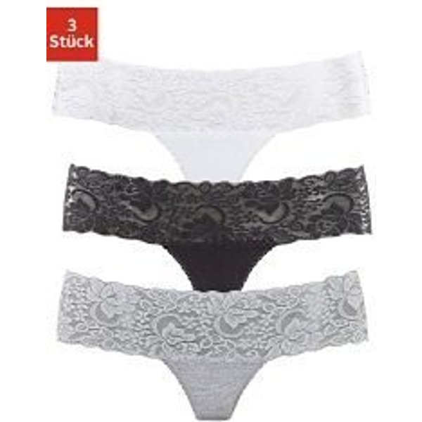 Vivance by Lascana String (3er-Pack) aus elastischer Baumwolle mit floraler Spitze