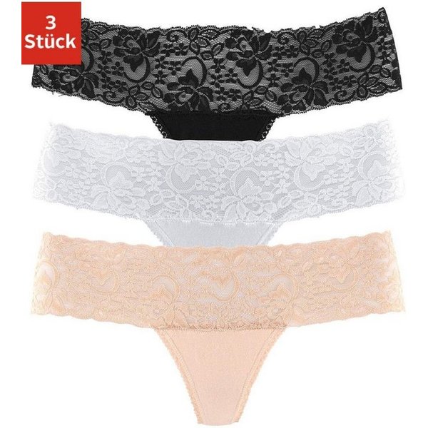Vivance by Lascana String (3er-Pack) aus elastischer Baumwolle mit floraler Spitze