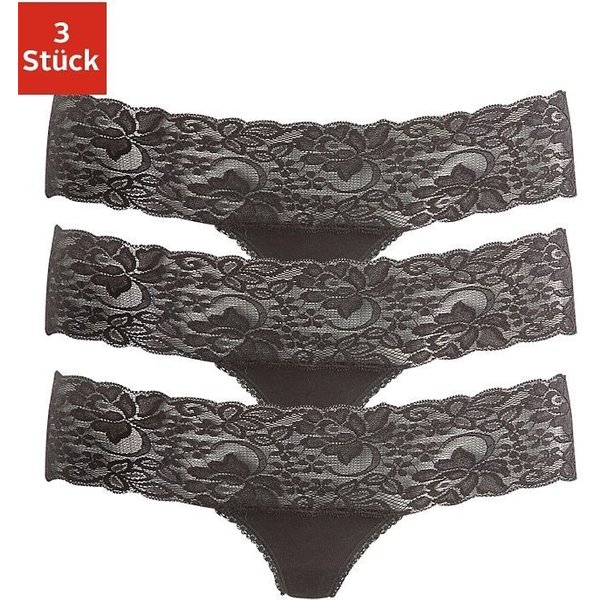 Vivance by Lascana String (3er-Pack) aus elastischer Baumwolle mit floraler Spitze