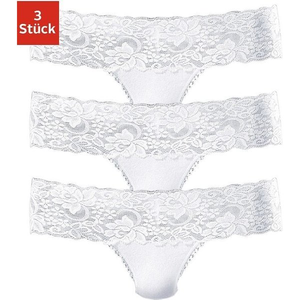 Vivance by Lascana String (3er-Pack) aus elastischer Baumwolle mit floraler Spitze
