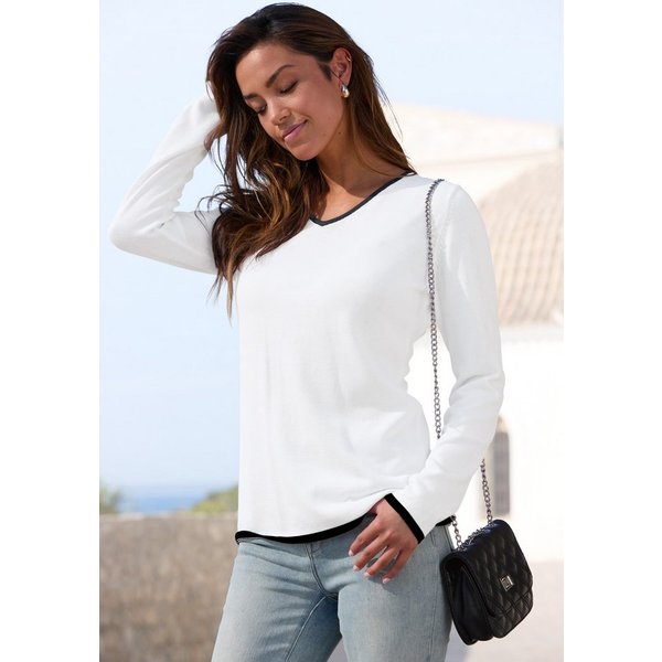 Vivance by Lascana V-Ausschnitt-Pullover mit Kontrastkanten an den Abschlüssen Basic-Pullover mit V-Ausschnitt, weicher Feinstrickpullover, casual
