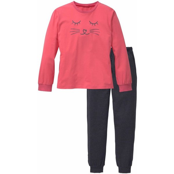 Vivance Pyjama (2 tlg., 1 Set) langer Schlafanzug, mit Katzendruck, aus Baumwolle