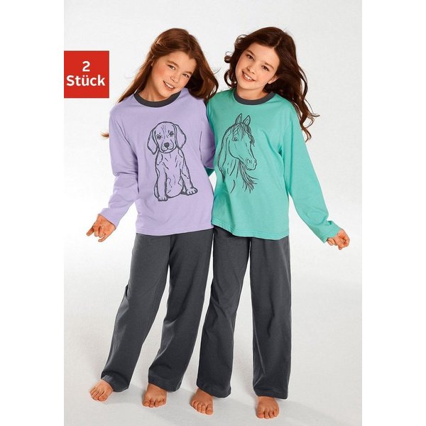 Vivance Pyjama (4 tlg., 2 Sets) langer Schlafanzug mit Hunde- und Pferdedruck, aus Baumwolle