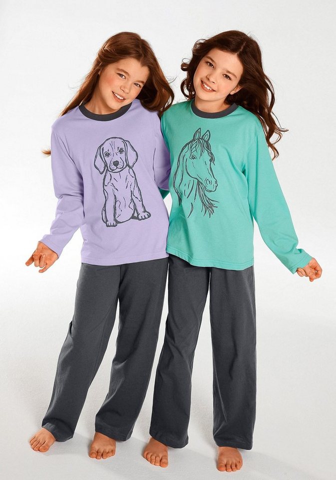 Vivance Pyjama (4 tlg., 2 Sets) langer Schlafanzug mit Hunde- und Pferdedruck, aus Baumwolle – Bild 4 von 5