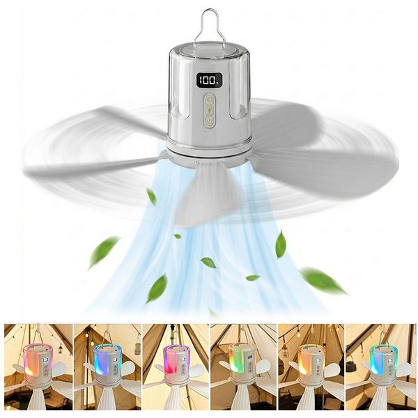 VIVIHEYDAY Deckenventilator Akku mit Beleuchtung Camping, Aufladbar Deckenventilator mit Licht, USB,Timer,Mobiler Ventilator Akku für Außenbereich, Pavillon Ter