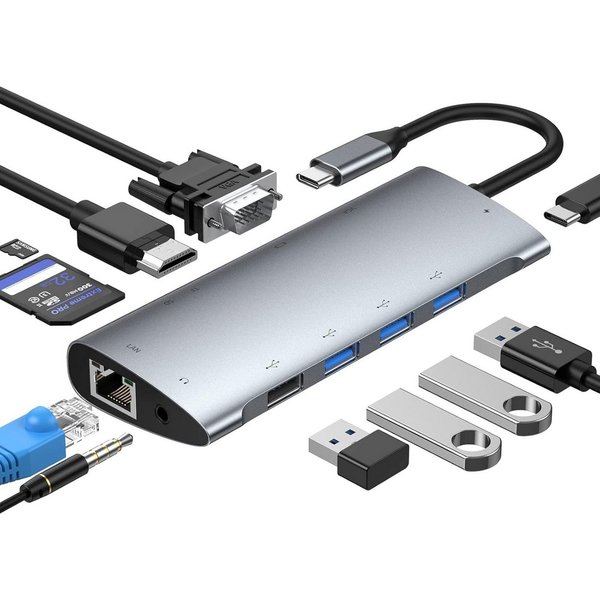 Vivitar 11-in-1-USB-C-Hub mit 4K-HDMI, VGA, 100-W-Stromversorgung, 3x USB 3.0 USB-Adapter USB-C zu USB-C, 14.9 cm, USB 2.0, RJ45 Gigabit-Ethernet, SD/TF-Kartenl