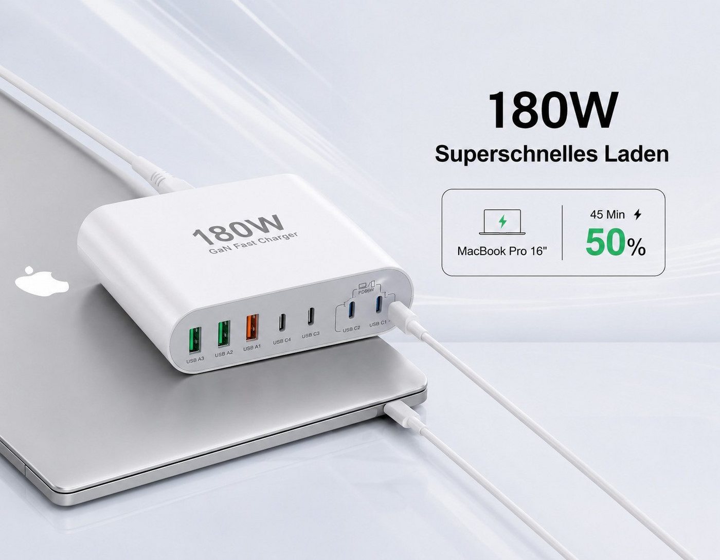 Vivitar 180W Ladegerät mit 7 Anschlüssen, GaN-Schnellladegerät, USB-C-PD USB-Ladegerät (inklusive eines 1,5 m langen, abnehmbaren Verlängerungskabels, für Table – Bild 4 von 5