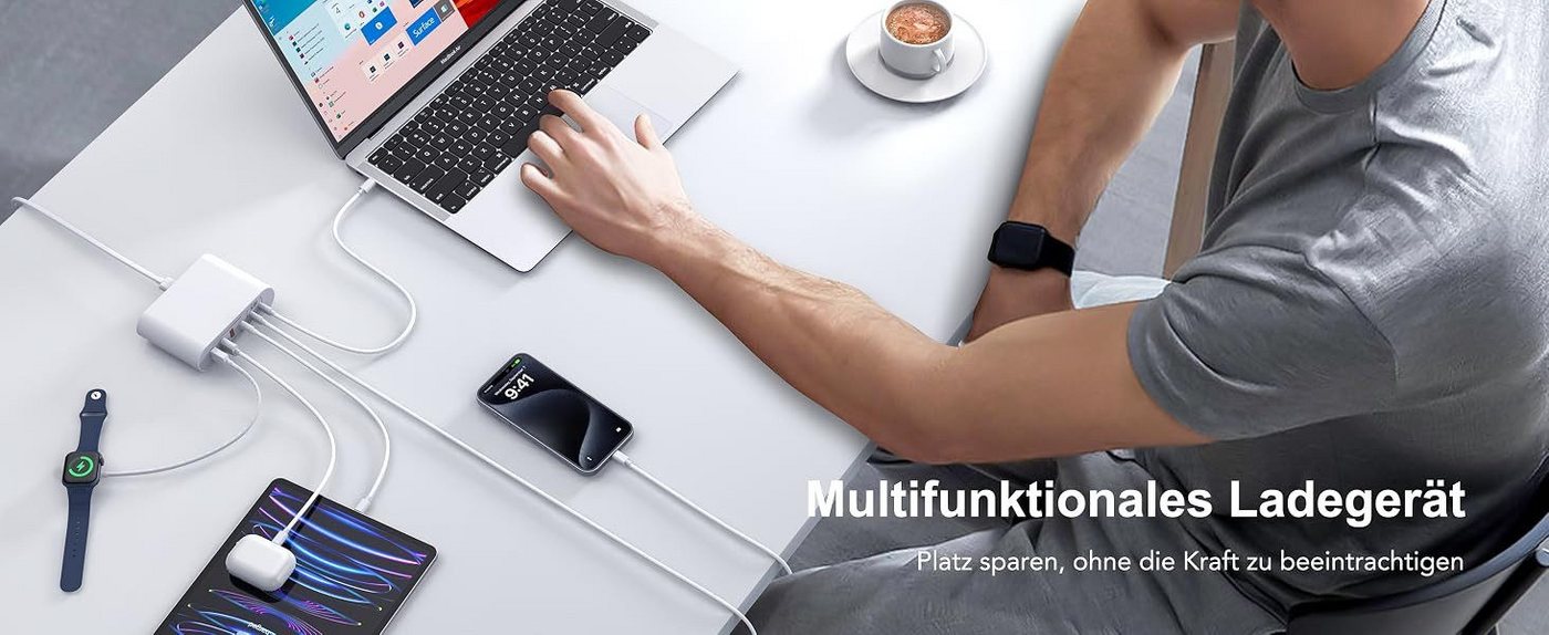 Vivitar 180W Ladegerät mit 7 Anschlüssen, GaN-Schnellladegerät, USB-C-PD USB-Ladegerät (inklusive eines 1,5 m langen, abnehmbaren Verlängerungskabels, für Table – Bild 5 von 5