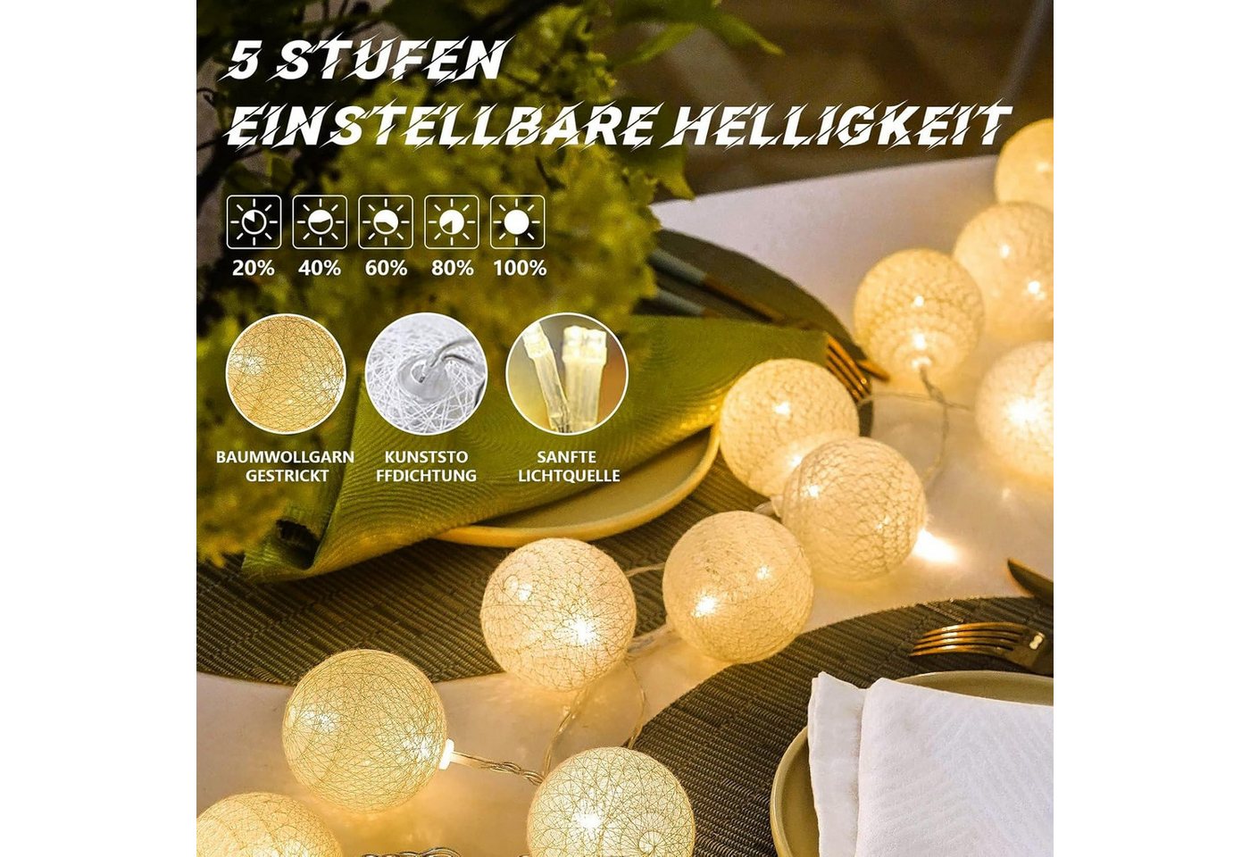 Vivitar LED-Lichternetz Dimmbares Wattebausch-Licht mit Fernbedienung – USB + Batteriefach, 8 Lichtmodi, 5 Helligkeitsstufen, ideal für Weihnachten – Bild 3 von 5
