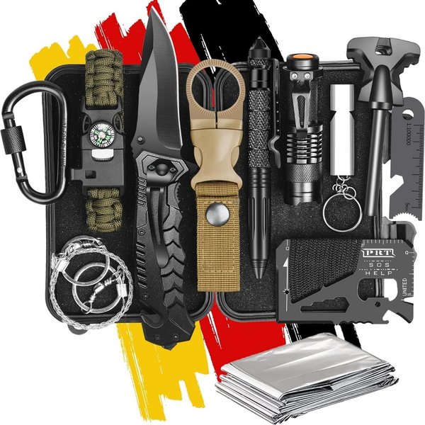 Vivitar Multitool 13-in-1 Survival Kit für Männer, Outdoor Ausrüstung mit Taschenlampe, (Feuerstarter, Paracord Armband, Notfalldecke, Multifunktionskarte, 13 S