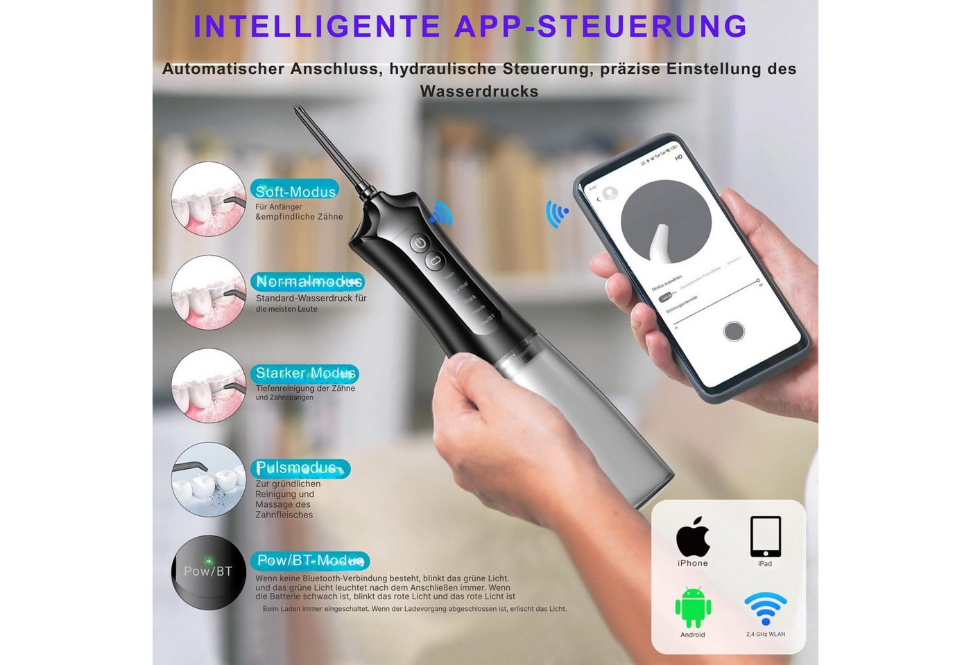 Vivitar Munddusche mit 4 Düsen & 5 Modi, 350 ml Wassertank, IPX7 Wasserdicht, USB-C Wiederaufladbar, Tragbare Elektrische Zahnseide – Bild 2 von 5