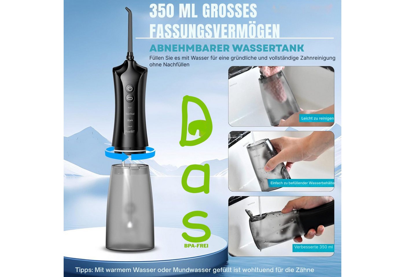 Vivitar Munddusche mit 4 Düsen & 5 Modi, 350 ml Wassertank, IPX7 Wasserdicht, USB-C Wiederaufladbar, Tragbare Elektrische Zahnseide – Bild 4 von 5