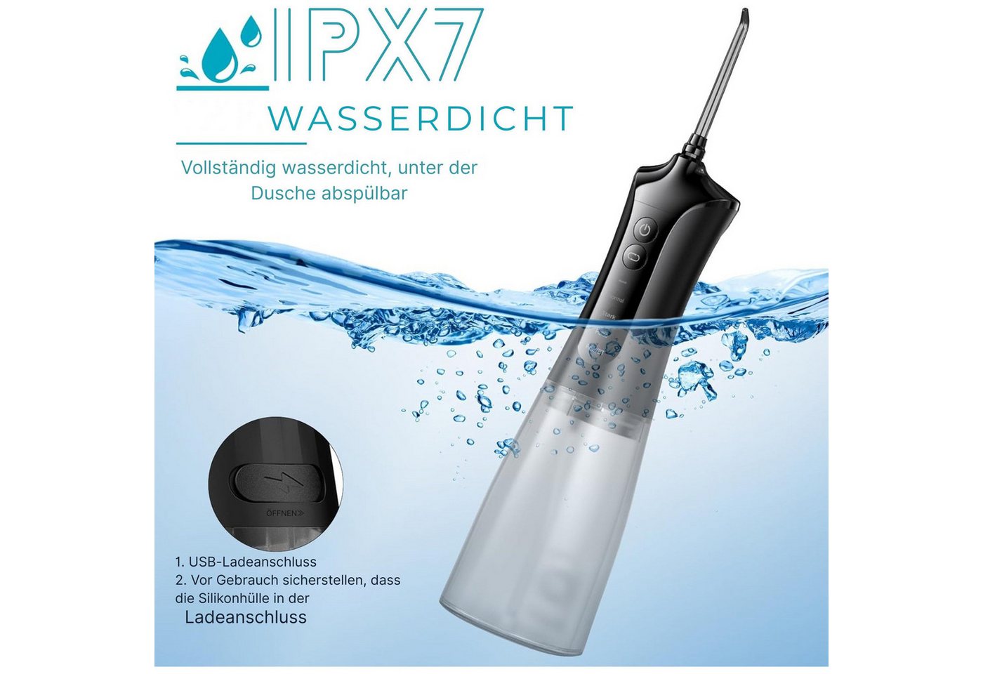 Vivitar Munddusche mit 4 Düsen & 5 Modi, 350 ml Wassertank, IPX7 Wasserdicht, USB-C Wiederaufladbar, Tragbare Elektrische Zahnseide – Bild 5 von 5