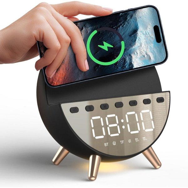 Vivitar Wecker 7in1 Digitalwecker 15W Wireless-Ladefunktion, Bluetooth-Lautsprecher Nachtlicht, Doppelalarm, Schlafgeräusche (weißes Rauschen)