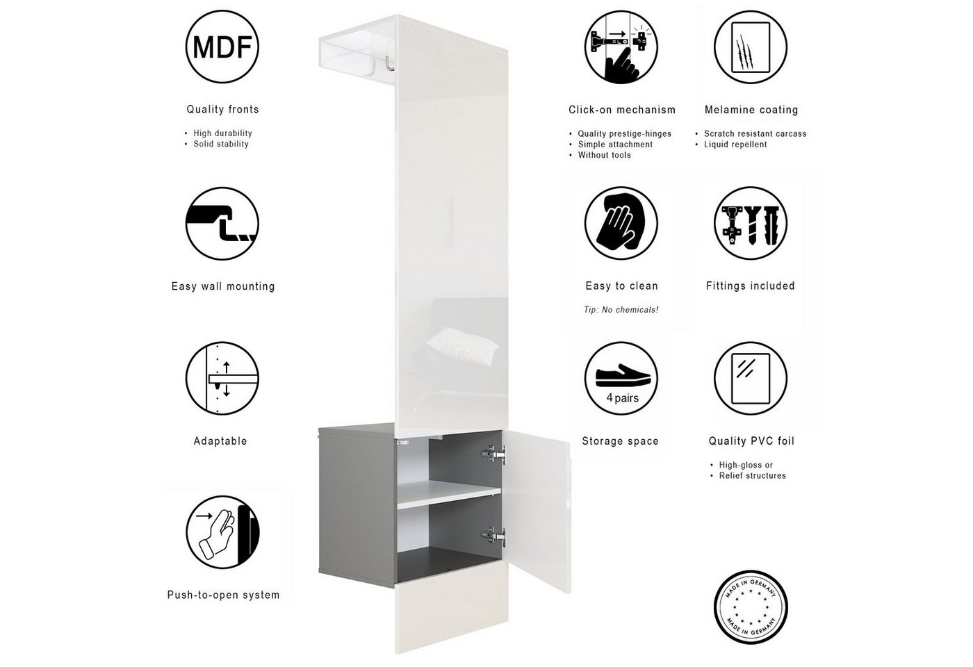 Vladon Garderoben-Set Carlton Set 5, (Wandgarderobe bestehend aus, mit integrierter Tür und 1 Kleiderstange), Anthrazit matt/Weiß Hochglanz (52 x 193 x 35 cm) – Bild 4 von 5