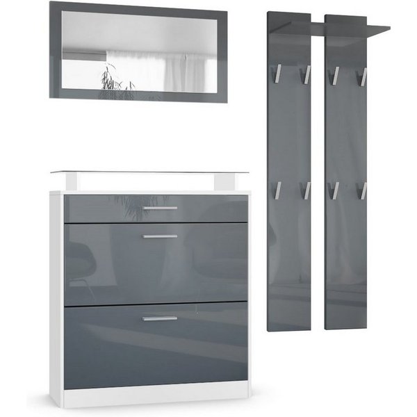 Vladon Garderoben-Set Loret, (Garderobe Set bestehend aus 1 Schuhschrank, 1 Wandspiegel, 2 Garderobenpaneele), Weiß matt/Grau Hochglanz (Schuhschrank 89 x 104 x