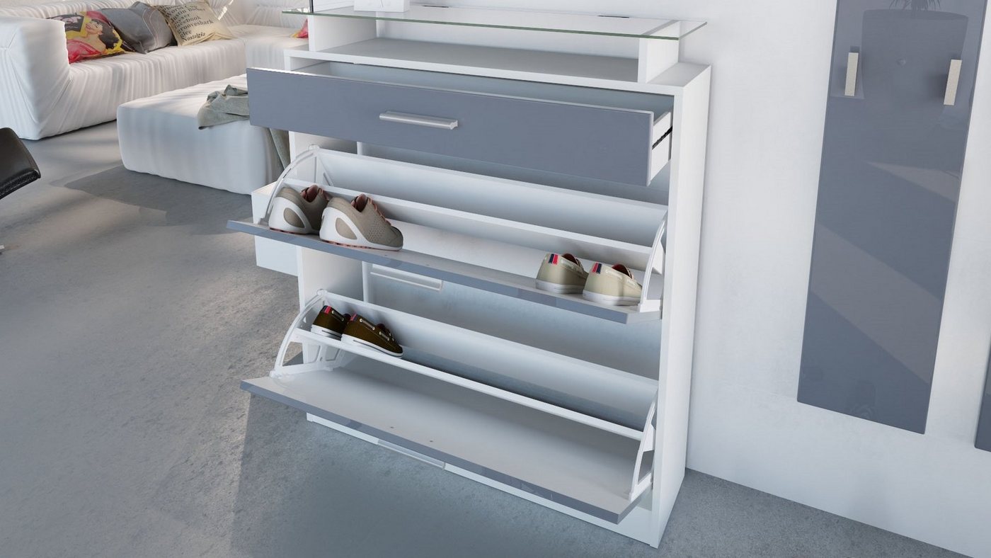 Vladon Garderoben-Set Loret, (Garderobe Set bestehend aus 1 Schuhschrank, 1 Wandspiegel, 2 Garderobenpaneele), Weiß matt/Grau Hochglanz (Schuhschrank 89 x 104 x – Bild 3 von 5