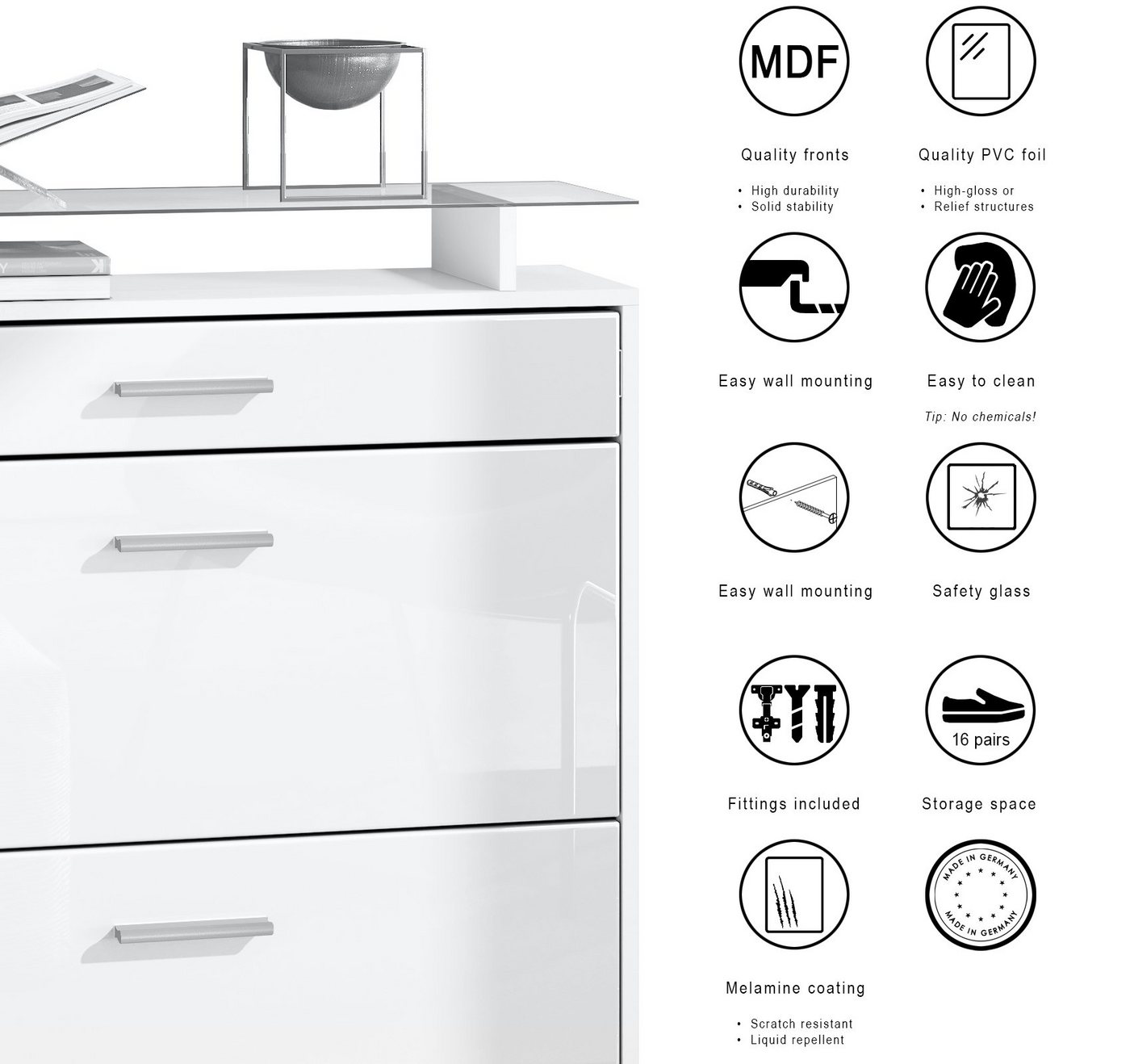 Vladon Garderoben-Set Loret, (Garderobe Set bestehend aus 1 Schuhschrank, 1 Wandspiegel, 2 Garderobenpaneele), Weiß matt/Grau Hochglanz (Schuhschrank 89 x 104 x – Bild 4 von 5