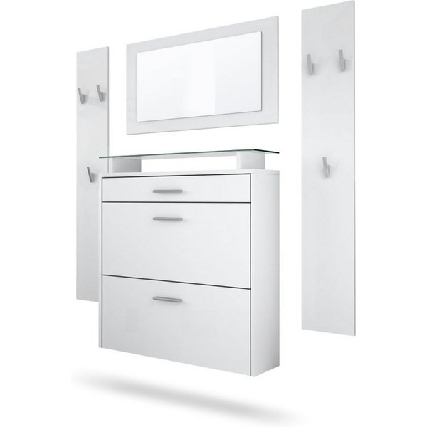 Vladon Garderoben-Set Malea, (Garderobenset bestehend aus 1 Hängeschuhschrank, 1 Wandspiegel und 2 Garderobenpaneele), Weiß matt/Weiß matt