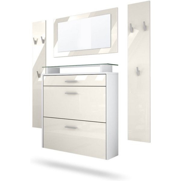 Vladon Garderoben-Set Malea, (Garderobenset bestehend aus 1 Hängeschuhschrank, 1 Wandspiegel und 2 Garderobenpaneele), Weiß matt/Creme Hochglanz