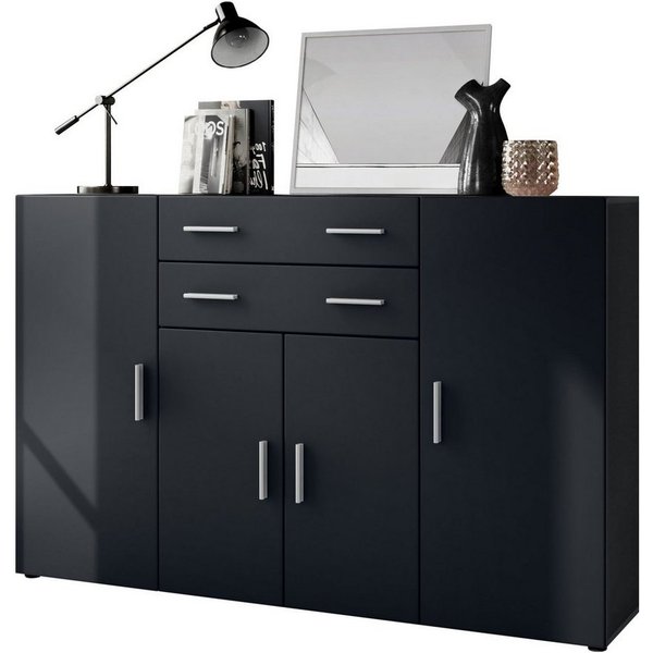 Vladon Highboard Aron (Anrichte, mit 4 Türen und 2 Schubladen), Anthrazit matt/Schwarz matt (166,5 x 106,5 x 35 cm)