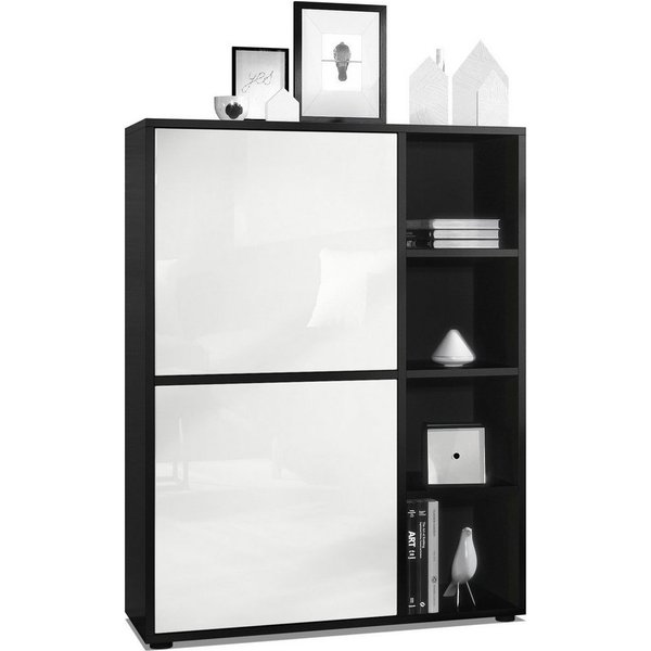 Vladon Highboard Cuba (Anrichte, mit 2 Türen und 4 offene Fächer), Schwarz matt/Scratchy metal (79 x 105,5 x 35,5 cm)