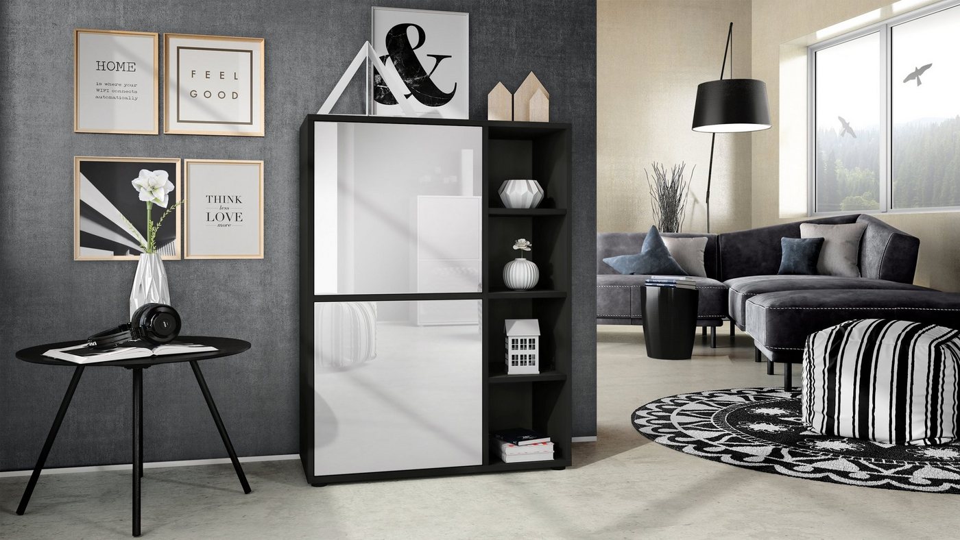 Vladon Highboard Cuba (Anrichte, mit 2 Türen und 4 offene Fächer), Schwarz matt/Scratchy metal (79 x 105,5 x 35,5 cm) – Bild 2 von 5