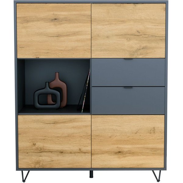 Vladon Highboard Marino V1 (Highboard mit 4 Tür Eiche Evoke, 2 Schubladen Anthrazit matt, Made in Germany), Korpus Anthrazit matt (103 x 125,5 x 37 cm)