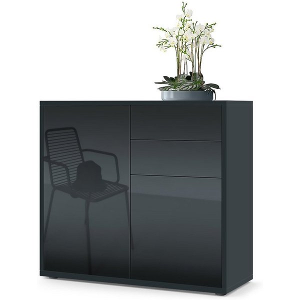 Vladon Kommode Ben V1 (Kommode, mit 2 Türen und 2 Schubladen), Schwarz matt/Schwarz Hochglanz (79 x 74 x 36 cm)
