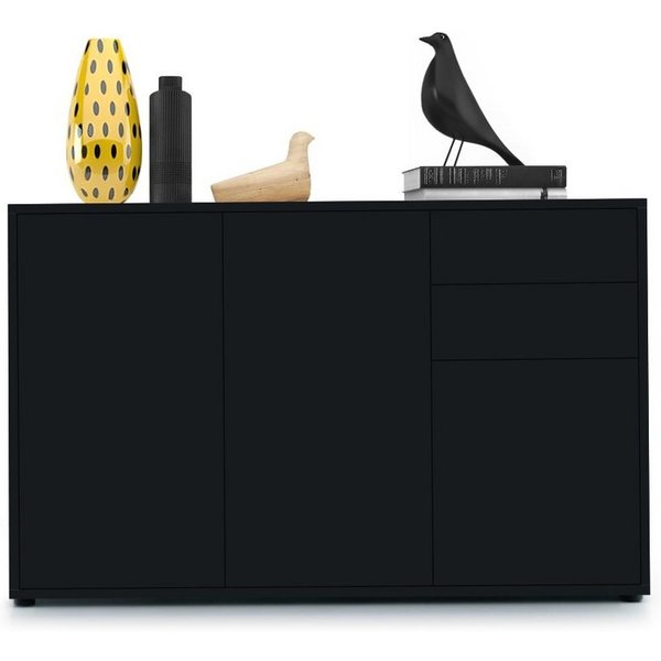 Vladon Kommode Ben V3 (Kommode, mit 3 Türen und 2 Schubladen), Schwarz matt/Schwarz matt (117 x 74 x 36 cm)