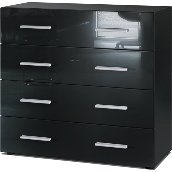 Vladon Kommode Pavos V1 (Kommode, mit 4 Schubladen), Schwarz matt/Schwarz Hochglanz (76 x 72 x 35 cm)