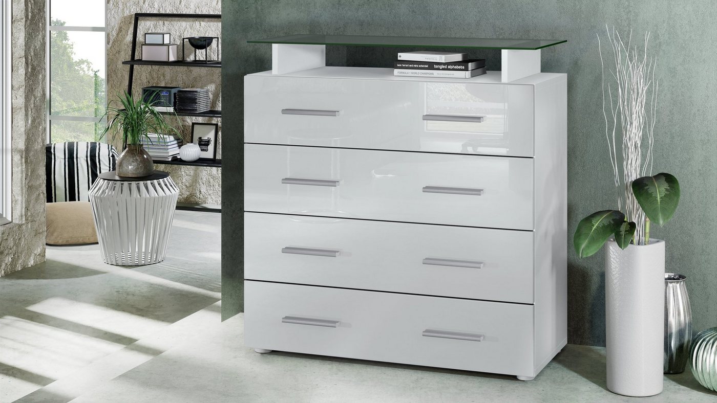 Vladon Kommode Pavos V2 (Kommode, mit 4 Schubladen und Glasablage), Weiß matt/Weiß Hochglanz (76 x 81 x 35 cm) – Bild 2 von 5