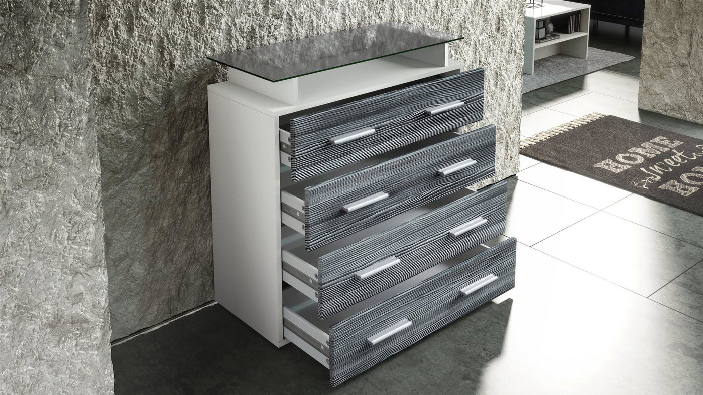 Vladon Kommode Pavos V2 (Kommode, mit 4 Schubladen und Glasablage), Weiß matt/Weiß Hochglanz (76 x 81 x 35 cm) – Bild 3 von 5