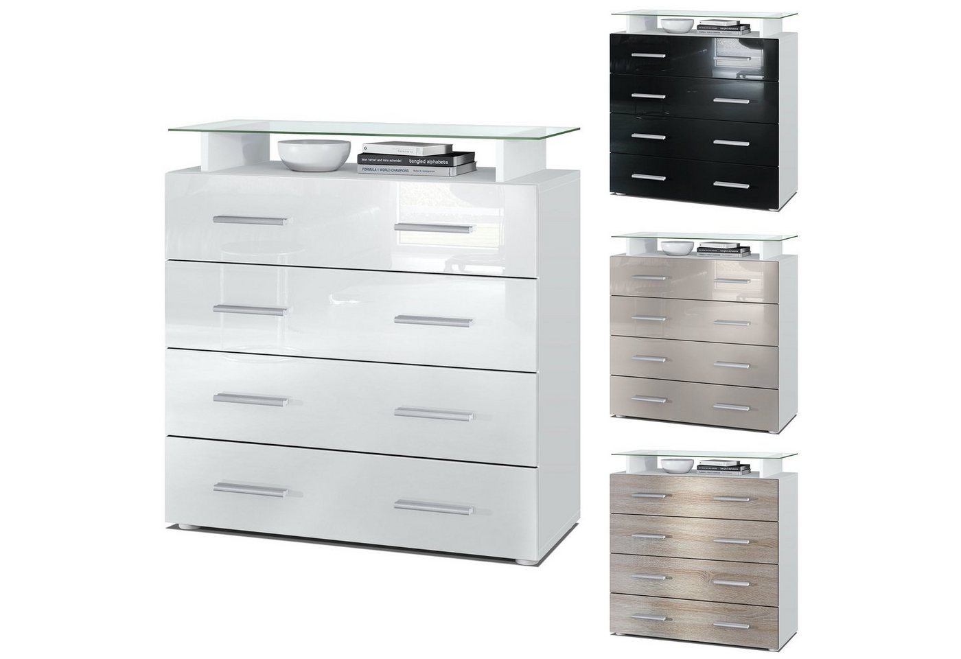 Vladon Kommode Pavos V2 (Kommode, mit 4 Schubladen und Glasablage), Weiß matt/Weiß Hochglanz (76 x 81 x 35 cm) – Bild 5 von 5