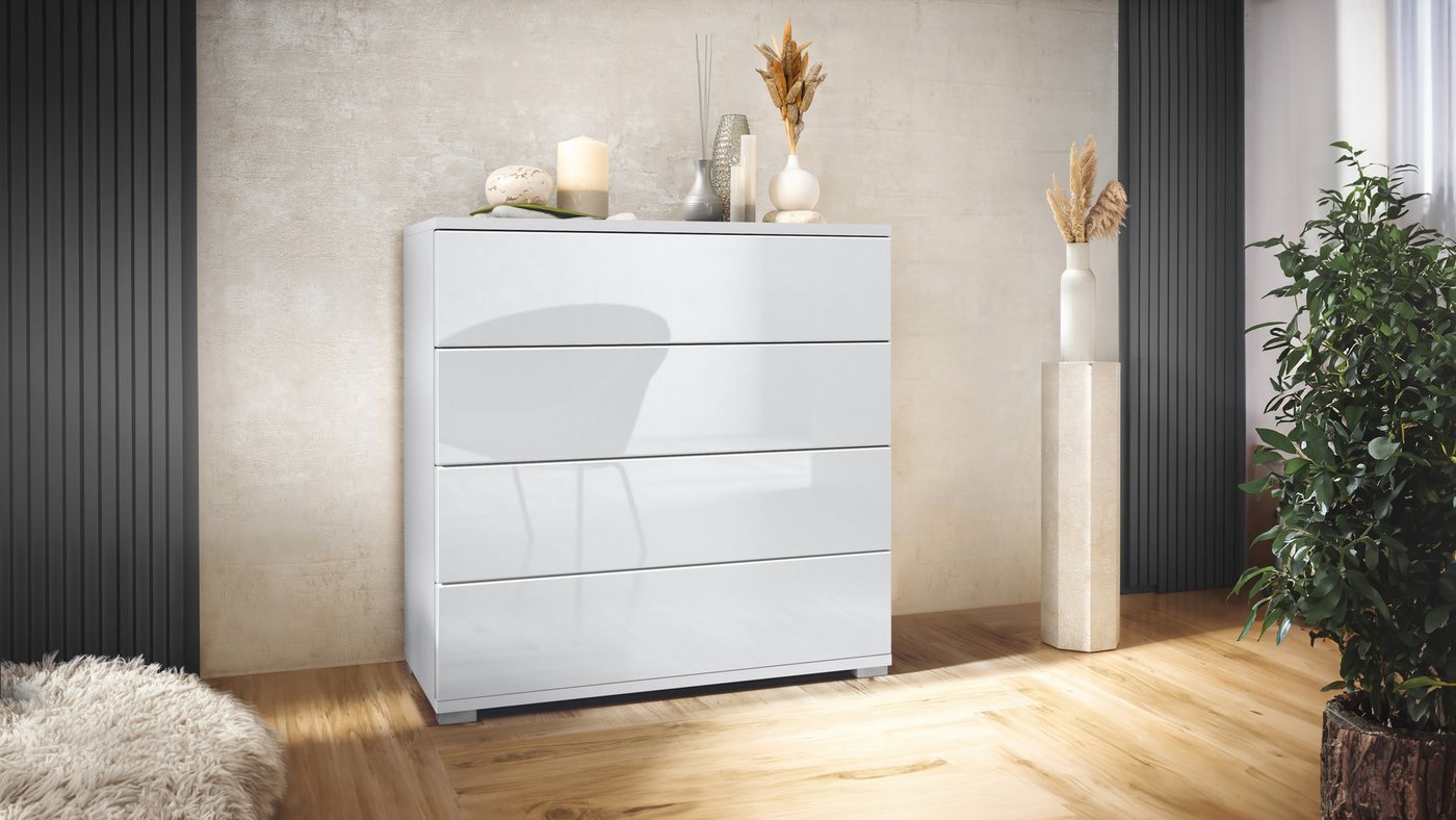 Vladon Kommode Pavos V3 (Sideboard, mit 4 Schubladen), Weiß matt/Weiß Hochglanz (76 x 76 x 35 cm) – Bild 2 von 5