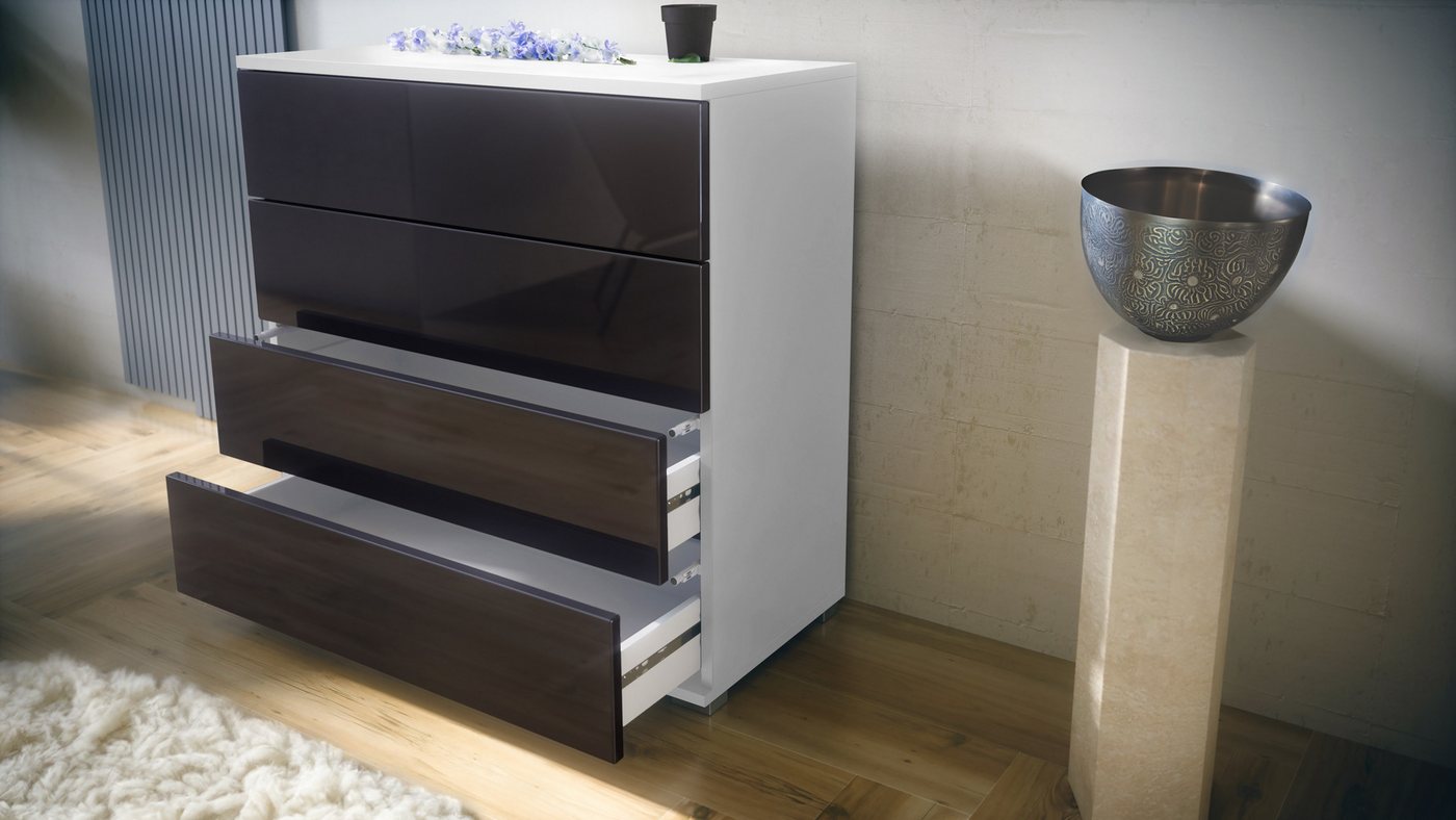 Vladon Kommode Pavos V3 (Sideboard, mit 4 Schubladen), Weiß matt/Weiß Hochglanz (76 x 76 x 35 cm) – Bild 3 von 5