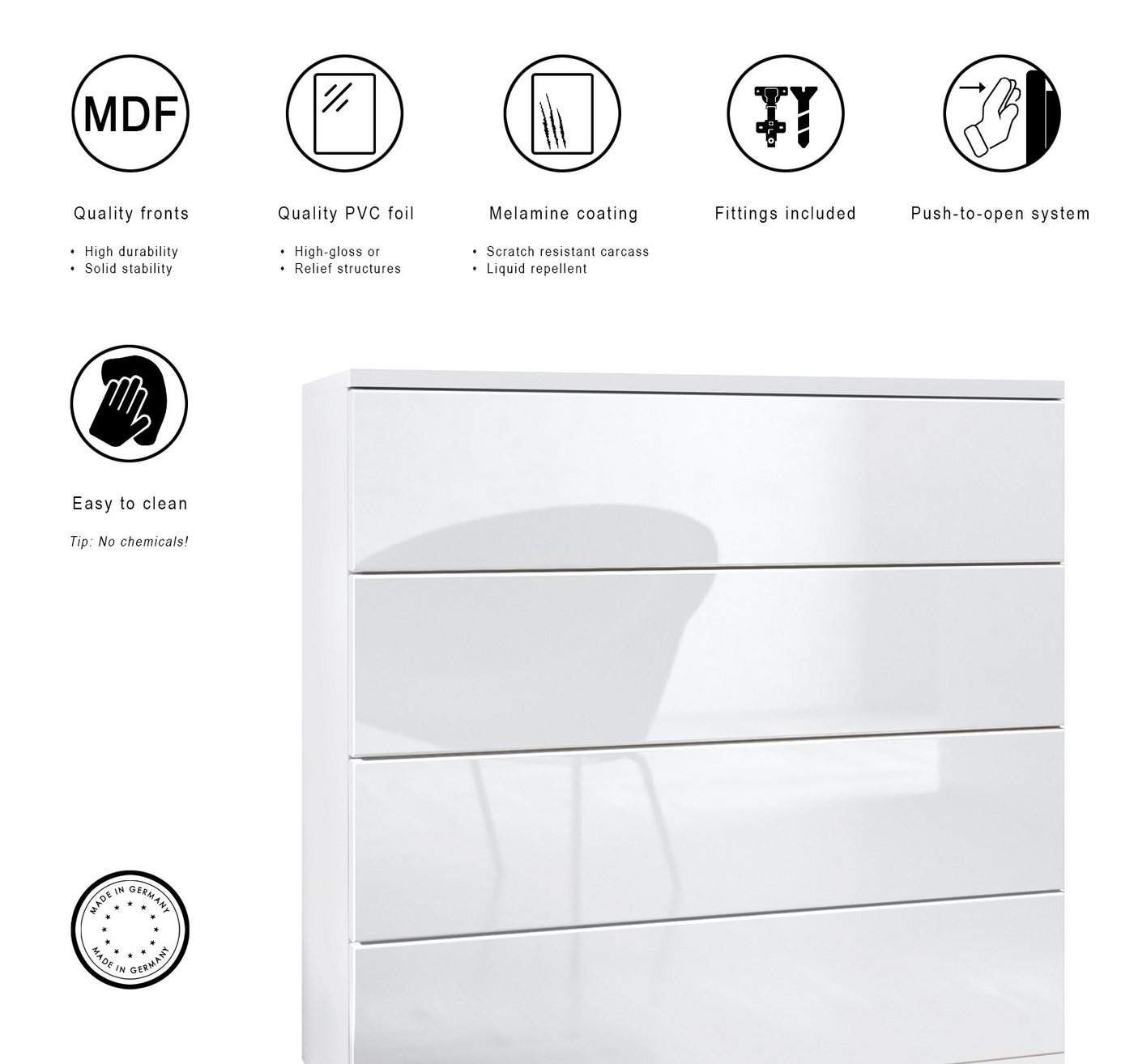 Vladon Kommode Pavos V3 (Sideboard, mit 4 Schubladen), Weiß matt/Weiß Hochglanz (76 x 76 x 35 cm) – Bild 4 von 5