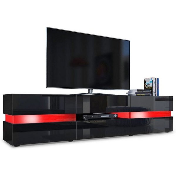 Vladon Lowboard Flow (TV-Kommode mit Ambient Light Verglasung, mit 2 Türen, 1 Schublade und 1 Klappe), Schwarz matt/Schwarz Hochglanz, inkl. LED-Beleuchtung (17