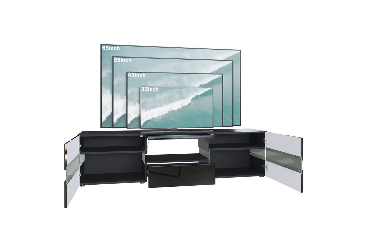 Vladon Lowboard Flow (TV-Kommode mit Ambient Light Verglasung, mit 2 Türen, 1 Schublade und 1 Klappe), Schwarz matt/Schwarz Hochglanz, inkl. LED-Beleuchtung (17 – Bild 3 von 5