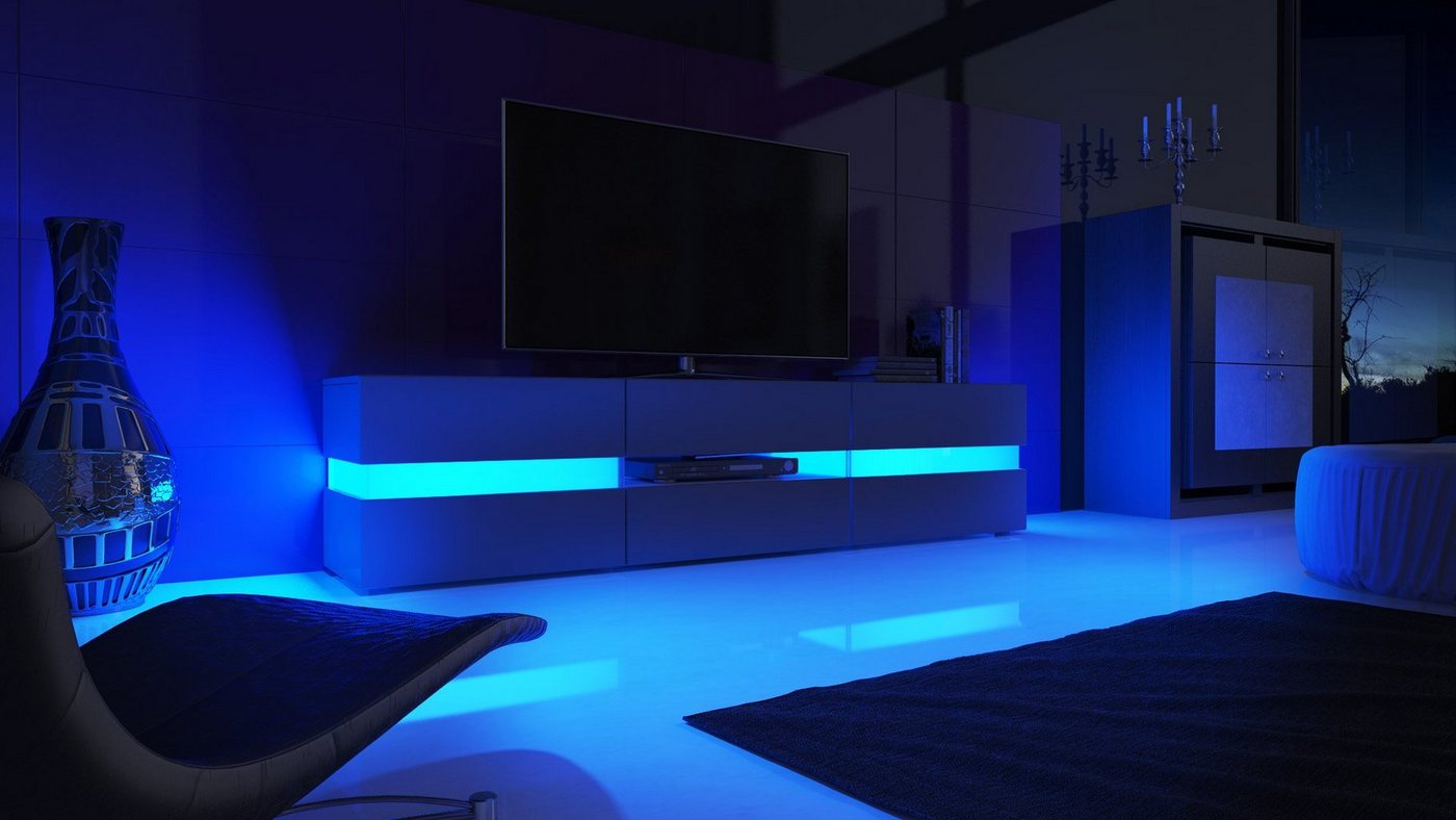 Vladon Lowboard Flow (TV-Kommode mit Ambient Light Verglasung, mit 2 Türen, 1 Schublade und 1 Klappe), Schwarz matt/Schwarz Hochglanz, inkl. LED-Beleuchtung (17 – Bild 4 von 5