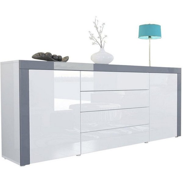 Vladon Sideboard La Paz V1 (Kommode, mit 2 Türen und 4 Schubladen), Weiß Hochglanz / Grau Hochglanz (167 x 72 x 35)