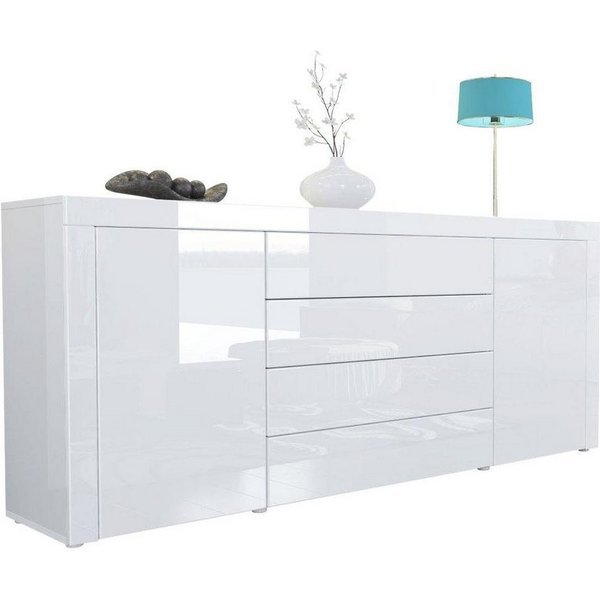 Vladon Sideboard La Paz V1 (Kommode, mit 2 Türen und 4 Schubladen), Weiß Hochglanz / Weiß Hochglanz (167 x 72 x 35)