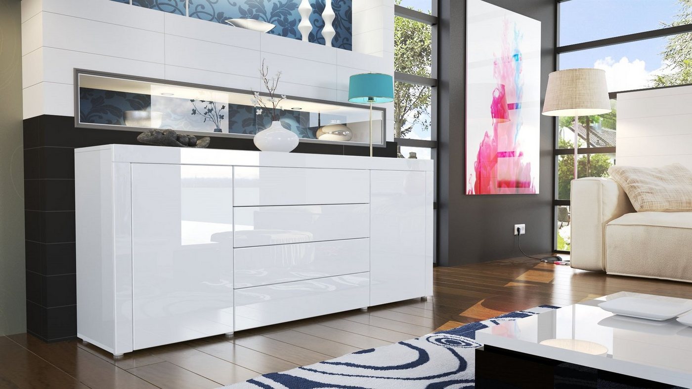 Vladon Sideboard La Paz V1 (Kommode, mit 2 Türen und 4 Schubladen), Weiß Hochglanz / Weiß Hochglanz (167 x 72 x 35) – Bild 2 von 5